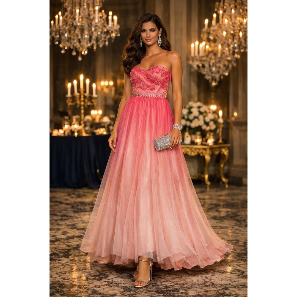 Deb Maxi Dress Womens 3/4 Pink Y2K Beaded Prom Formal Fairycore Strapless Gown
